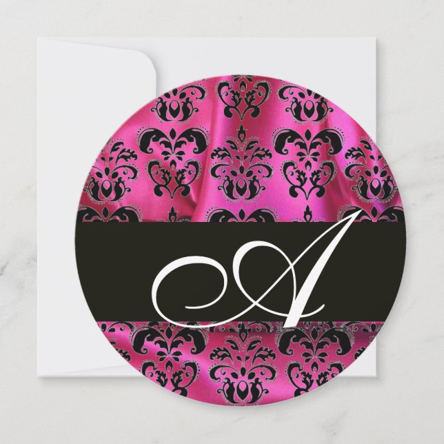 FUCHSIA PINK BLACK DAMASK CLOTH MONOGRAM Circle Invitation (Front)