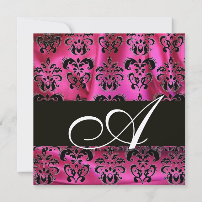 FUCHSIA PINK BLACK DAMASK CLOTH MONOGRAM ,Gold Invitation (Front)