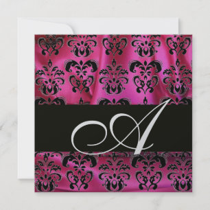 FUCHSIA PINK BLACK DAMASK CLOTH MONOGRAM Silver Invitation