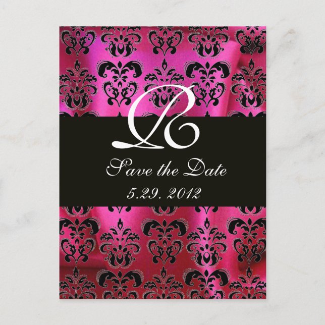 FUCHSIA PINK BLACK DAMASK CLOTH MONOGRAM , white Announcement Postcard (Front)