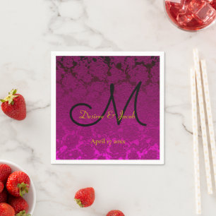 Fuchsia Pink Black Gold Elegant Wedding Monogram Napkin