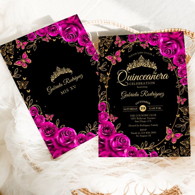 Fuchsia Pink Black Gold Quinceanera Invitation (Creator Uploaded)