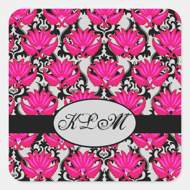 Fuchsia Pink Black Grey Parisian Damask Monogram Square Sticker (Front)