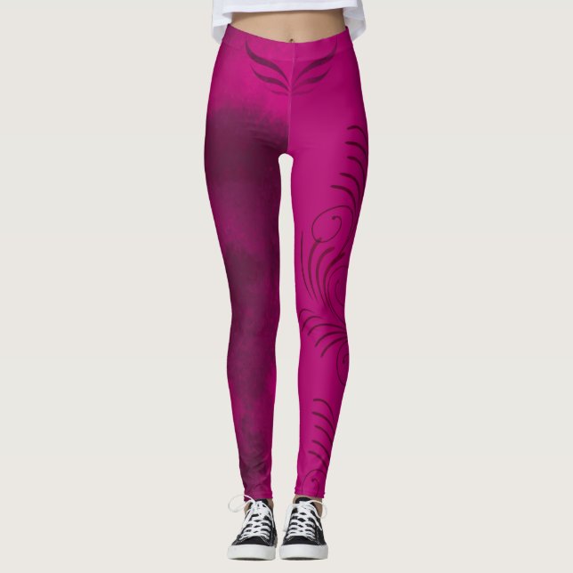 Fuchsia Pink & blended Black/Pattern/ Spiral/Wings Leggings (Front)