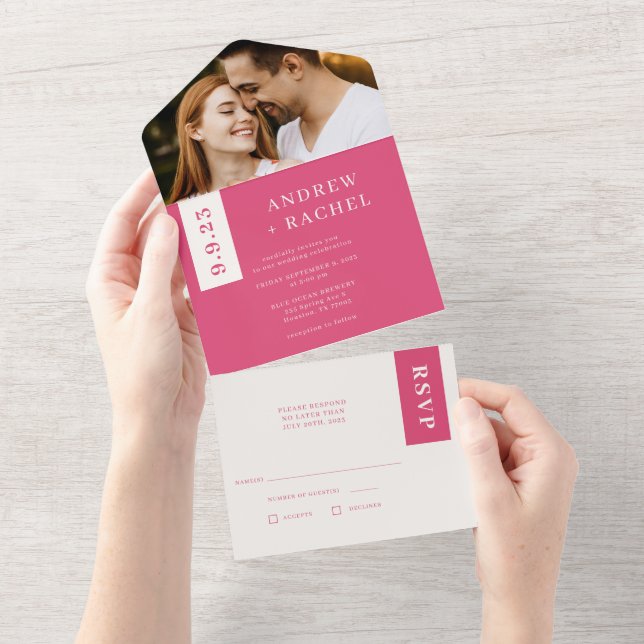 Fuchsia Pink Blocks Wedding Photo All In One Invitation (Tearaway)