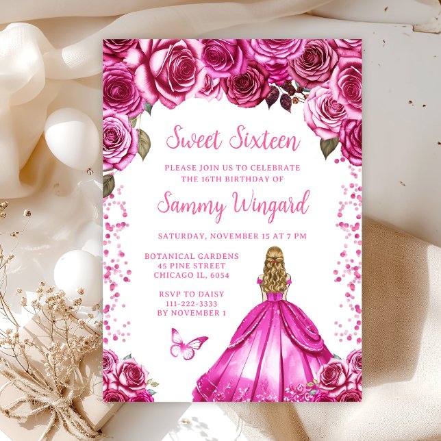 Fuchsia Pink Blonde Hair Princess Sweet Sixteen Invitation (Creator Uploaded)
