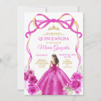 Fuchsia Pink Bow Princess Gold Crown Quinceañera