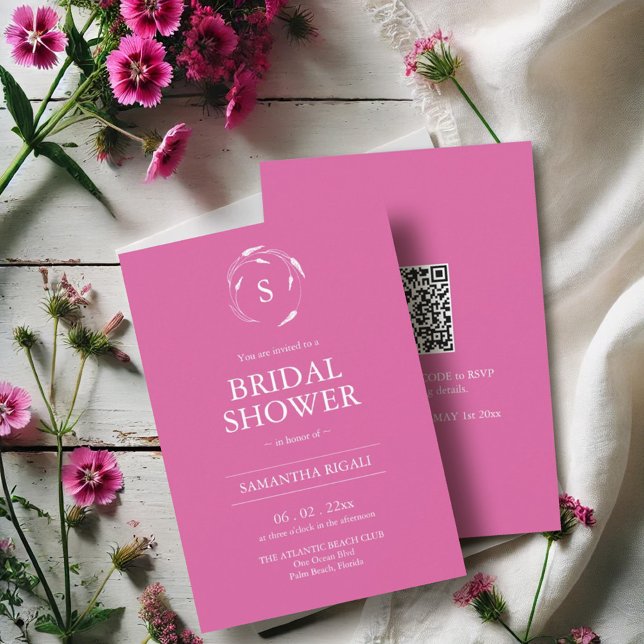 Fuchsia Pink Bridal Shower Invitation with QR Code (Bridal shower invitations vibrant pink custom monogram. )