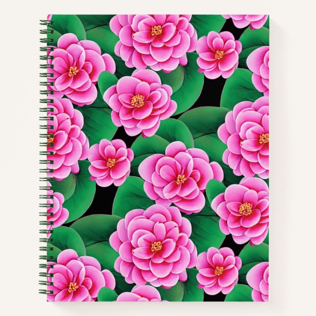 Fuchsia Pink Camellias and Green Leaves Journal (Front)