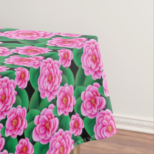 Fuchsia Pink Camellias and Jade Green Leaves Tablecloth