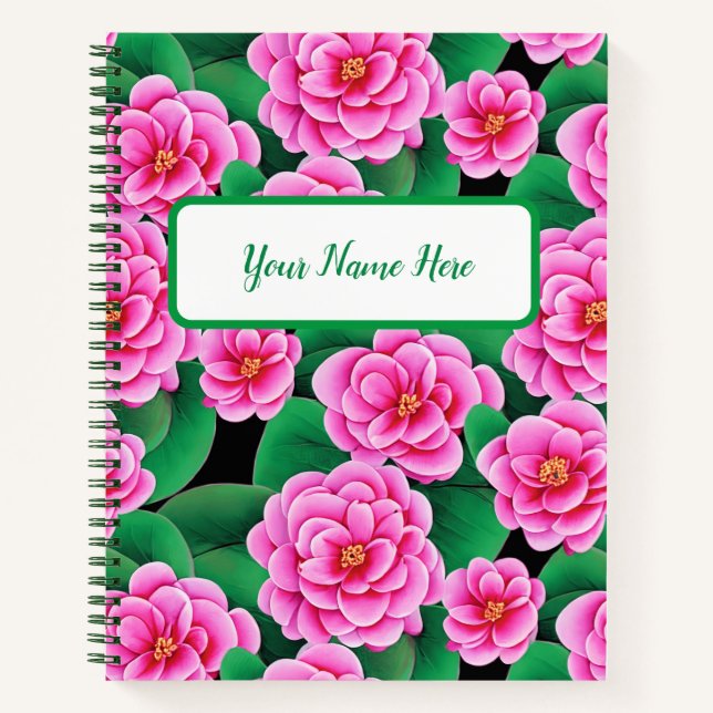 Fuchsia Pink Camellias & Jade Green Leaves Journal (Front)