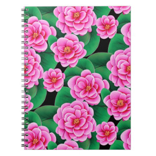 Fuchsia Pink Camellias & Jade Green Leaves Notebook