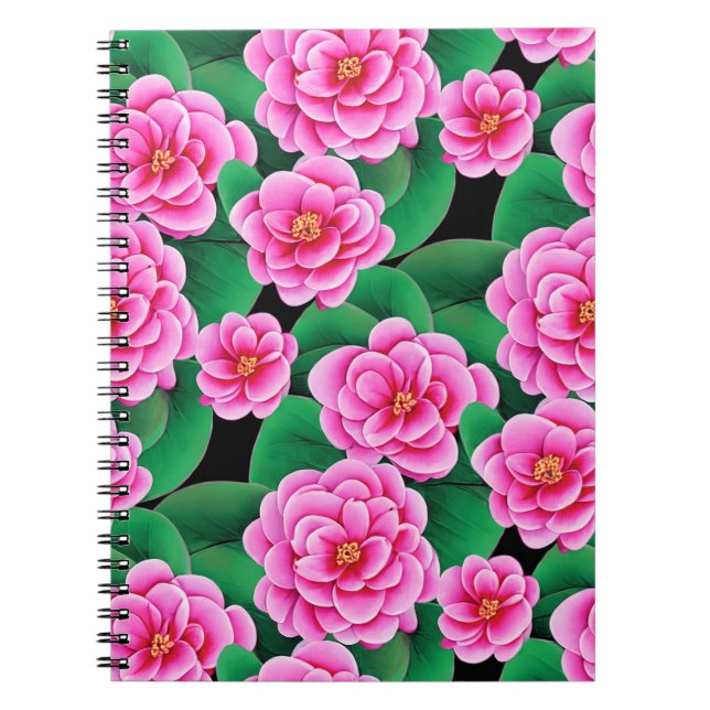 Fuchsia Pink Camellias & Jade Green Leaves Notebook (Front)