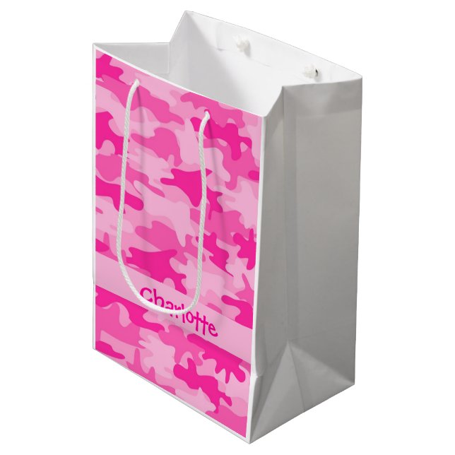 Fuchsia Pink Camouflage Name Personalised Medium Gift Bag (Front Angled)