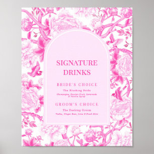 Fuchsia Pink Chinoiserie Wedding Signature Drinks Poster