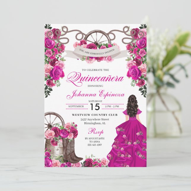 Fuchsia Pink Cowgirl Western Charro Quinceanera Invitation (Standing Front)
