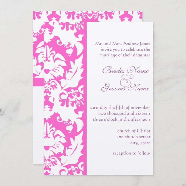 Fuchsia Pink Damask Wedding Invitations (Front/Back)