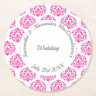 Fuchsia pink damask wedding round paper coaster