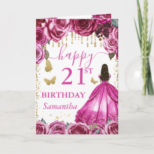 Fuchsia Pink Dress Brunette Princess Birthday Card
