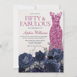 Fuchsia Pink Dress Navy Text 50th Birthday Invitation