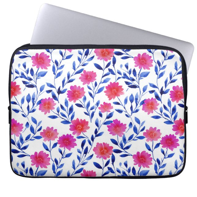 Fuchsia Pink Elegant Flowers Watercolor Floral Laptop Sleeve (Front)
