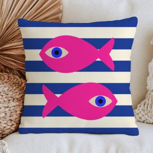 Fuchsia Pink Fish on Blue Stripes Modern Nautical Cushion