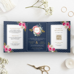 Fuchsia Pink Floral All in One Crest Navy Wedding Tri-Fold Invitation