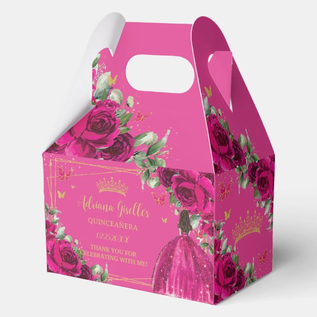 Fuchsia Pink Floral Birthday Quinceañera 16 XV Favour Box (Front)