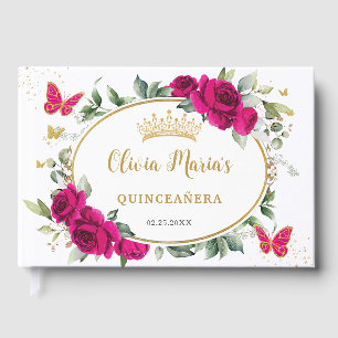 Fuchsia Pink Floral Butterfly Gold Quinceanera 15 Guest Book