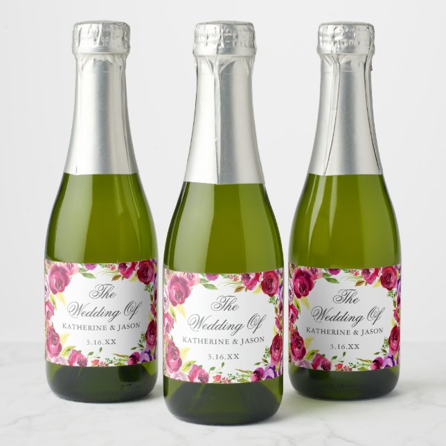 Fuchsia Pink Floral Chic Personalised Wedding Mini Sparkling Wine Label (Bottles)