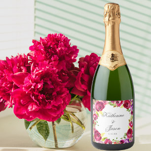 Fuchsia Pink Floral Chic Personalised Wedding Sparkling Wine Label