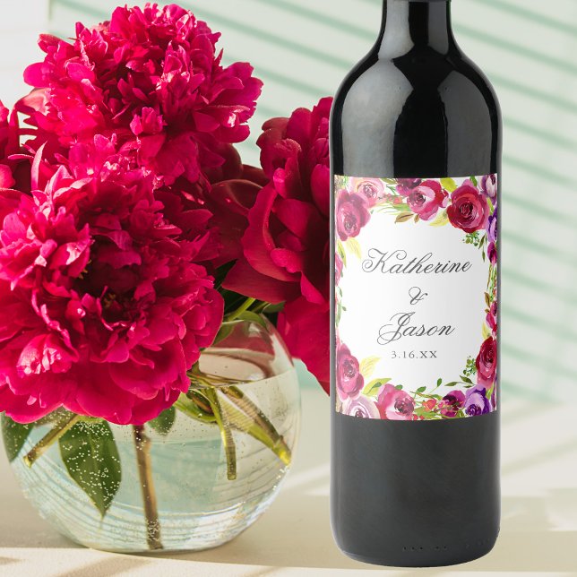 Fuchsia Pink Floral Chic Personalised Wedding Wine Label (Creator Uploaded)