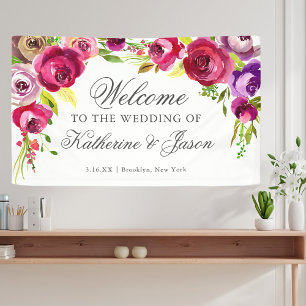 Fuchsia Pink Floral Chic Romantic Wedding Welcome Banner