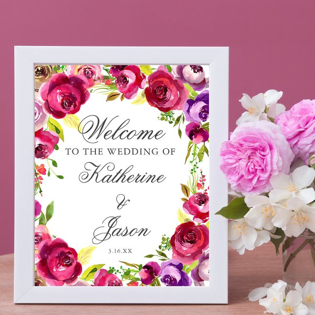 Fuchsia Pink Floral Chic Romantic Wedding Welcome Poster (Creator Uploaded)