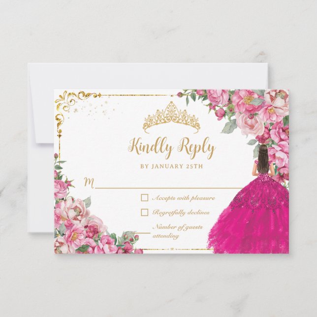 Fuchsia Pink Floral Gold Princess Gown Quinceanera RSVP Card (Front)