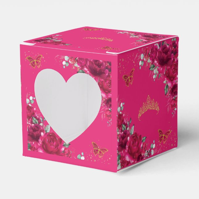 Fuchsia Pink Floral Gold Quinceanera 15 16 XV Mini Favour Box (Front Side)