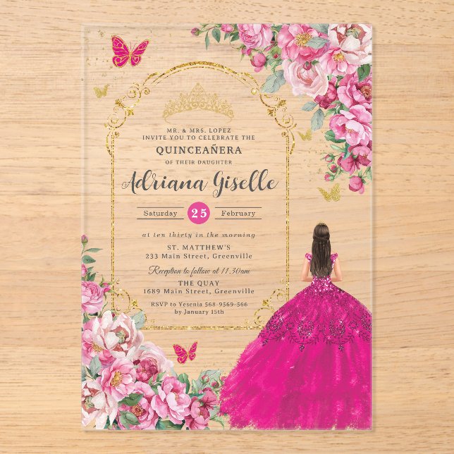 Fuchsia Pink Floral Gold Quinceañera Sweet 16 XV Acrylic Invitations (Front)