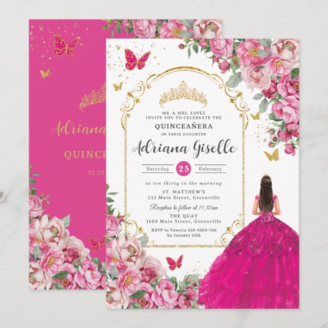 Fuchsia Pink Floral Gold Quinceañera Sweet 16 XV Invitation (Front/Back)