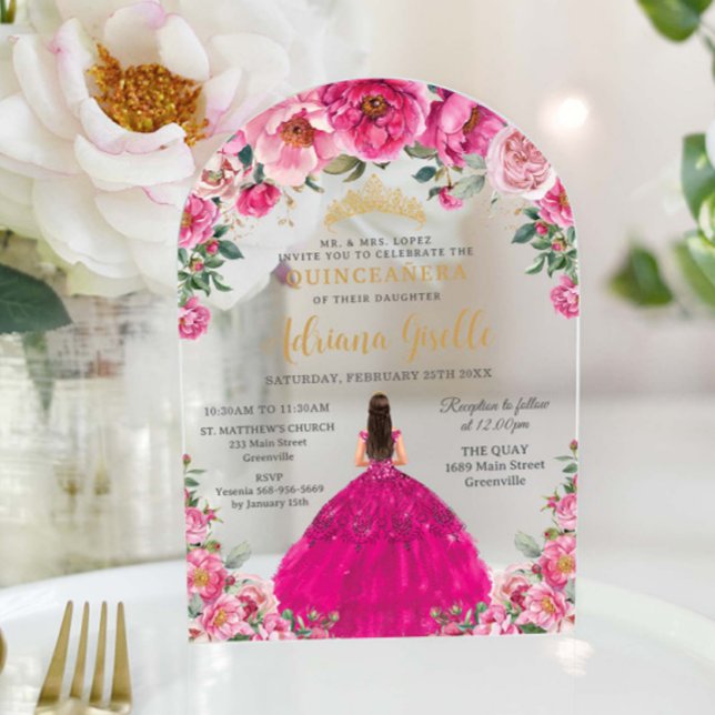 Fuchsia Pink Floral Gold Quinceanera XV Sweet 16 Acrylic Invitations (Creator Uploaded)