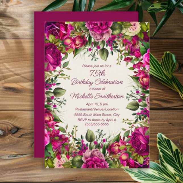 Fuchsia Pink Floral Green Leaves 75th Birthday  Invitation (Fuchsia and pink watercolor floral 75th birthday party invitation)