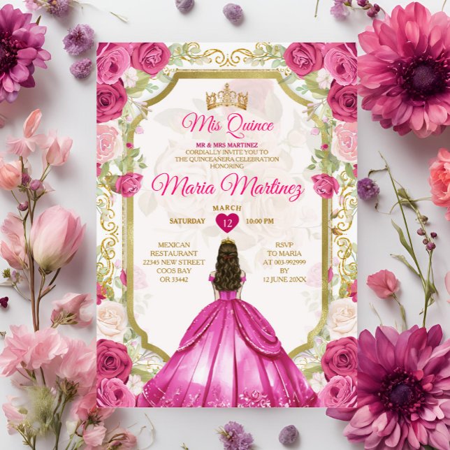 Fuchsia Pink Floral Mexican Princess Quiñceanera Invitation (Creator Uploaded)