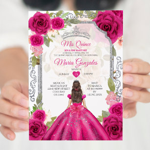 Fuchsia Pink Floral Mis Quince 15 Anos Quinceañera Invitation