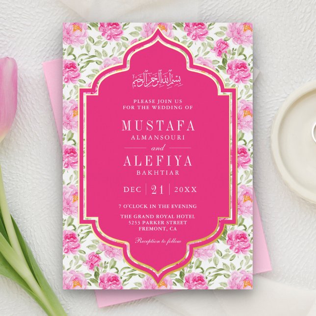 Fuchsia Pink Floral Pattern Muslim Wedding Gold (Creator Uploaded)