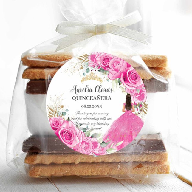 Fuchsia Pink Floral Princess Gold Quinceañera XV Classic Round Sticker (Creator Uploaded)