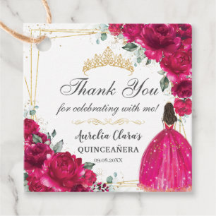 Fuchsia Pink Floral Princess Gown Gold Quinceañera Favour Tags