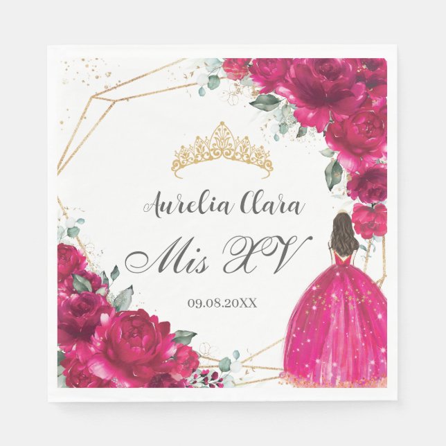 Fuchsia Pink Floral Princess Gown Gold Quinceañera Napkin (Front)