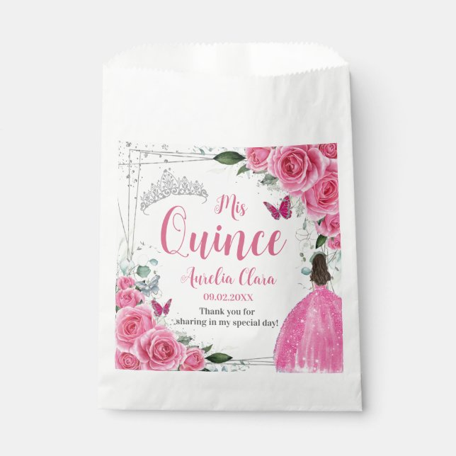 Fuchsia Pink Floral Princess Silver Quinceañera 15 Favour Bags (Front)