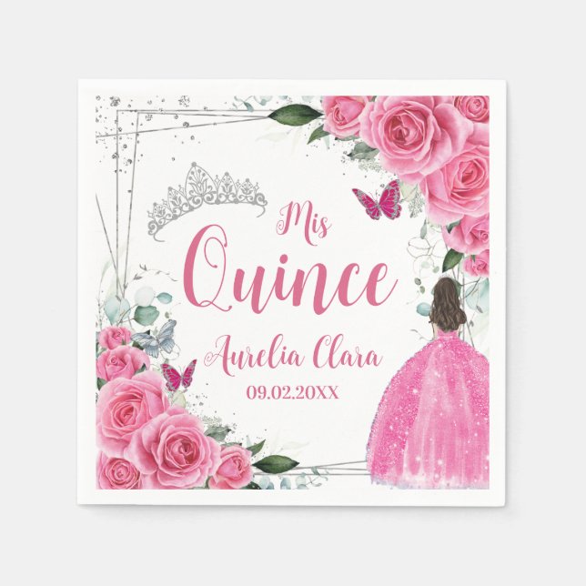 Fuchsia Pink Floral Princess Silver Quinceañera 15 Napkin (Front)