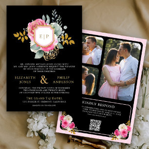 Fuchsia Pink Floral QR Code Black Crest Wedding Invitation