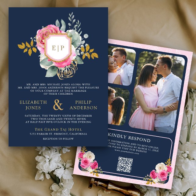 Fuchsia Pink Floral QR Code Navy Crest Wedding Invitation (Creator Uploaded)
